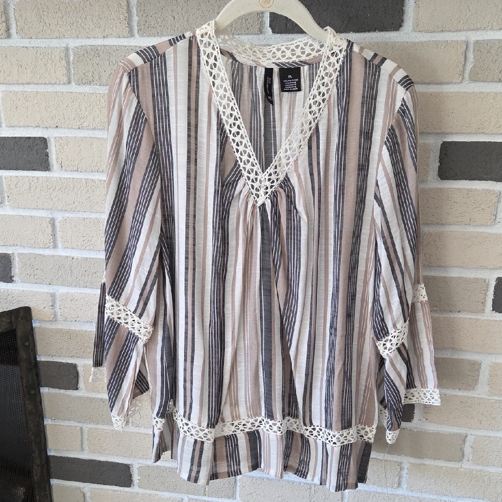 Boho Striped Crochet Lace Trim Peasant Blouse V-Neck Earthy Casual Tunic Top NWT